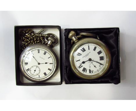 Two cased Railway pocket watches including Elgin example with T-bar chain