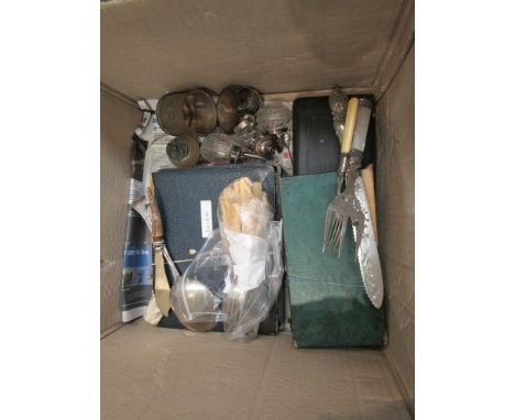 A small quantity of silver plated flatware including a fish knife and fork set in case, cut glass cruets etc 