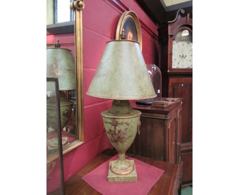 A painted tin urn shaped lamp, tin shade a/f  