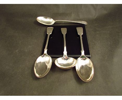A John & Henry Lias silver ladle, London 1844, a William Hatton & Sons silver tablespoon, Sheffield 1922 and two plated table