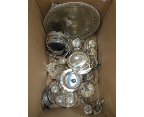 A box of plated items including egg cruets, wine cooler, bottle coasters etc