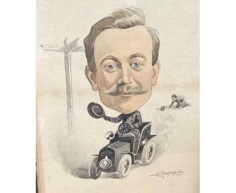 W. L. Rowland, Edwardian watercolour caricature / cartoon of a speeding motorist beside a sign for Exmouth, signed and dated 