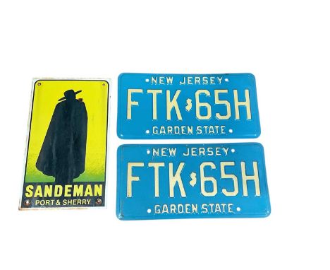 Reproduction Sademan Port &amp; Sherry enamel sign together with a pair of New Jersey American licence plates (3).