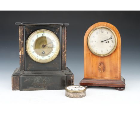 A 30-Hour Black Slate Mantel Clock, an automobile dashboard clock with silvered Arabic numeral dial, 10 cm dia., mounted in e