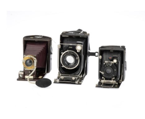 Three Folding Bed Cameras, to include a Ray Camera Pocket Ray, body G, shutter working, missing ground glass, optics G, also 