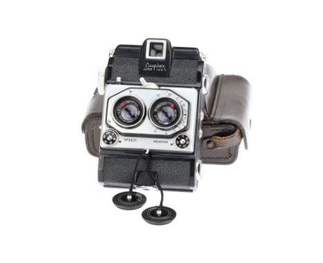 An ISO Duplex Super 120 Stereo Camera, black, serial no. 9531, with a pair of IRIAR f/3.5 35mm lenses, body, VG-E, shutter wo