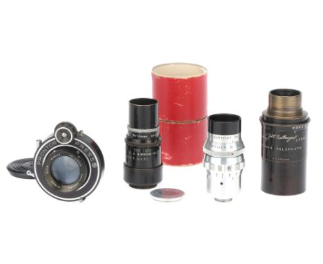 A Mixed Selection of Camera Lenses, to include a Dallmeyer Popular Telephoto f/4 3" lens, body F, well used, optics F, some f