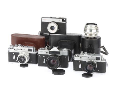 A Quartet of Soviet Era 35mm Cameras, to include a Zorki-4, body G, shutter working, viewfinder &amp; RF patch bright &amp; c