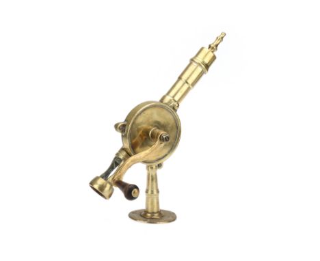 A Rotary Eclipse Bar Corkscrew, early 20th century, in brass, base with screw holes for bar mounting, hardwood handle, stands