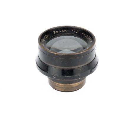 A Schneider-Gottingen Xenon f/2 12.5cm Lens, brass & black enamel, body G, signs of wear, optics F-G, some heavy cleaning mar