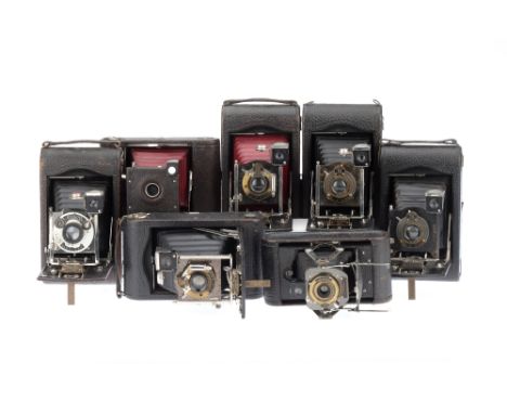 A Collection of Seven Folding Cameras, to include a No.2 Folding Pocket Kodak Model A, body G, shutter working, optics G, som