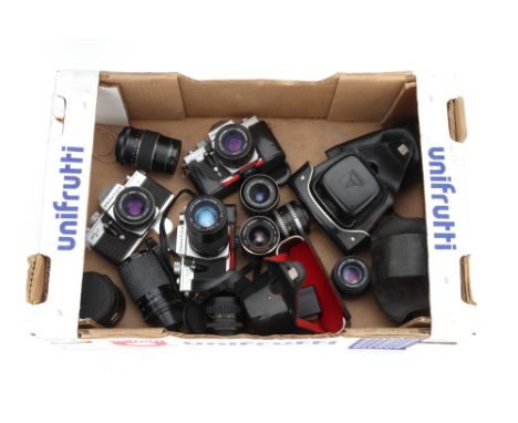 A Selection of Various Praktica Cameras, including MTL 3, Super TL3 and more, with lenses including Carl Zeiss Jena Pancolar 