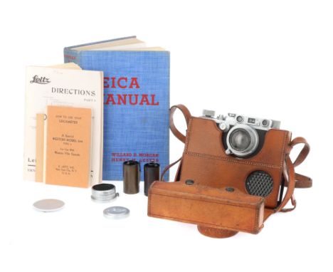 A Leica IIIb 35mm Rangefinder Camera Outfit, c.1937/8, chrome, serial no. 240727, body G, shutter working, RF patch bright &a