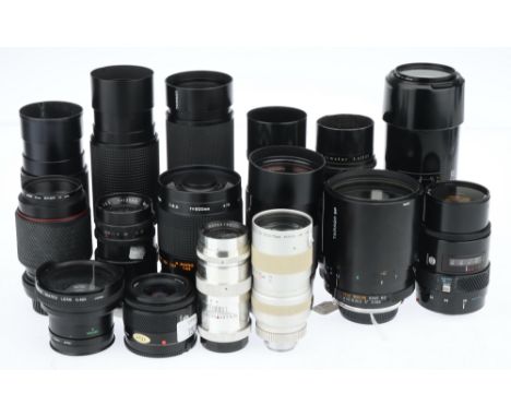 A Large Selection of Camera Lenses, to include a Minotla f/2.8 28mm lens, a Jupiter-11 f/4 135mm lens, a Sony TV Zoom f/1.8 1