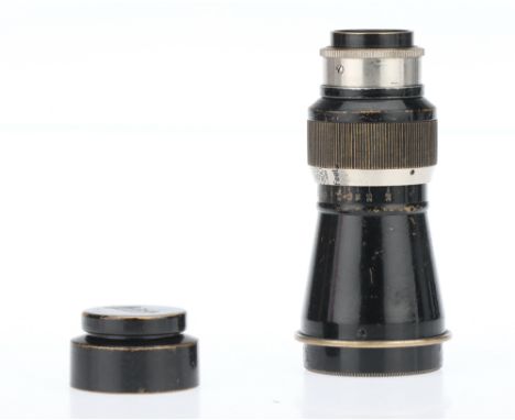 A Leitz Mountain Elmar f/6.3 105mm Lens, black, serial no. 128735, body, F, elements, G, some light internal haze and light m