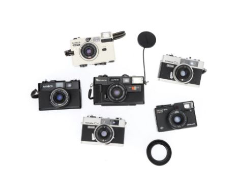 Six Rangefinder Style 35mm Cameras, to include a Konica C35 Automatic, body G, shutter working, RF patch bright &amp; clear, 