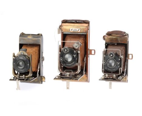 Three Houghton-Butcher Tropical Model Carbine Folding Cameras, to include a No.12 Ensign Carbine, with a retailer's label mar