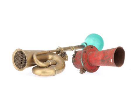 Two Automobile Horns, one electric marked 'Klaxet' to base, untested, together with another brass example marked 'Rama', with