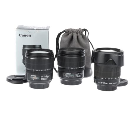 Three Canon EF-S Zoom Camera Lenses, to include a Canon EF-S f/3.5-5.6 15-85mm IS USM Lens, body G-VG, optics G-VG, AF workin