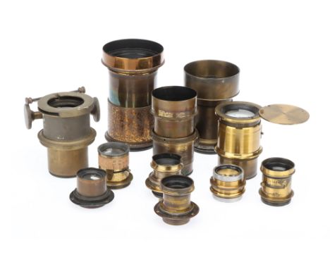 A Good Selection of Brass Camera Lenses, together with two magic lantern lenses, one small lens missing rear element, all oth