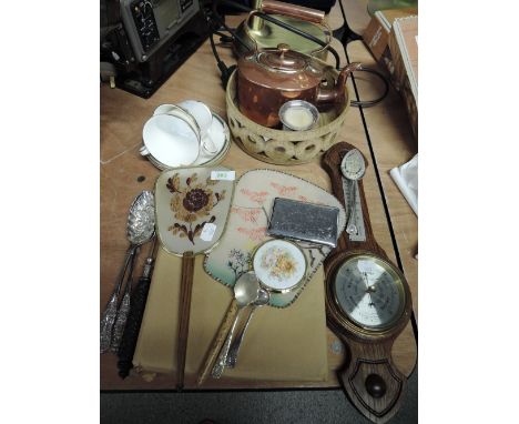 A selection of kitchen wares and cutlery including ebony handle toasting fork