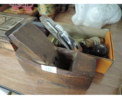 A selection of cabinet and wood workers tools including brass cast plumb bob