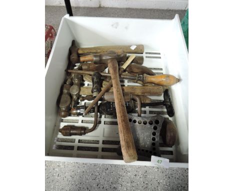 A selection of wood work and building tools including C.T.D co Ohio U.S.A drill bit holder
