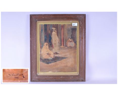 D.Woodlock Watercolour Drawing Of Arabs In A Courtyard Setting which one man sitting on a carpet and another holding a book. 