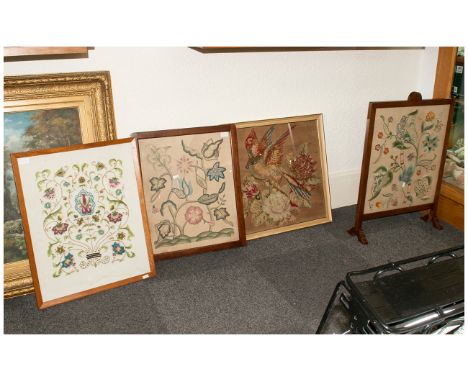 Firescreen with embroidery centre panel. 21 by 26 inches. Together with three framed embroideries,