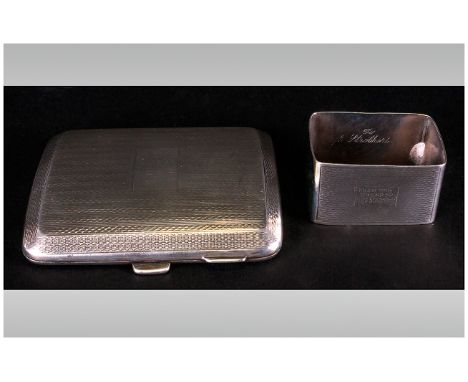 A Silver Engine Turned Cigarette Case, Gilt Interior. Hallmark Chester 1924. Vacant Cartouche. 3.5 x 3 Inches. + a Silver Nap