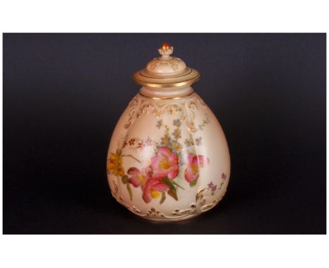 Royal Worcester Blush Ivory Hand Painted Lidded Vase. Date 1906. Spring Flowers 6 inches high. Excellent condition.