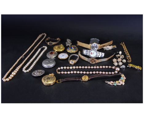 Mixed Lot To Include Wristwatches, Pocket Watches, Lighter, Brooches, Beads, Earrings Etc.