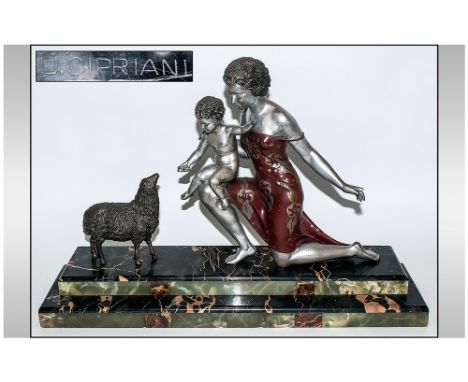 Art Deco Cold Painted Spelter Figural Centre Piece raised on a stepped marble base &amp; signed For Ugo Cipriani (Italian 188