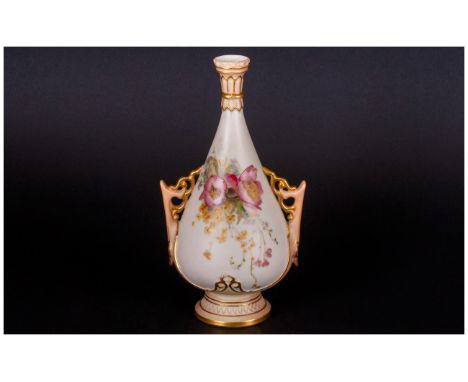 Royal Worcester Blush Ivory Hand Painted Two Handled Vase. Date 1904. 6.5 inches high. Excellent condition.