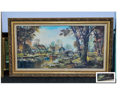 John Corcoran (Born 1942) Large Print On Canvas, River Landscape With Riverside Cottages & Town Close By signed (Verso 'To Bi