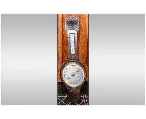 Oak Cased Barometer, 1930's Aneroid, Round Steel Dial.