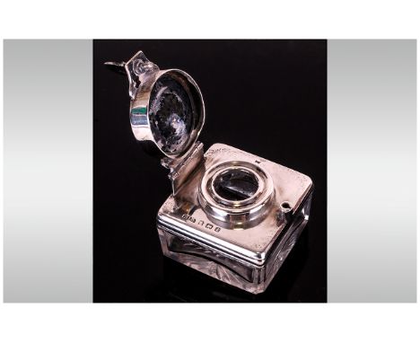 Edwardian - Fine Square Shaped Silver and Cut Glass Travelling Inkwell with Screw Lock. Hallmark Birmingham 1905. Makers Mark