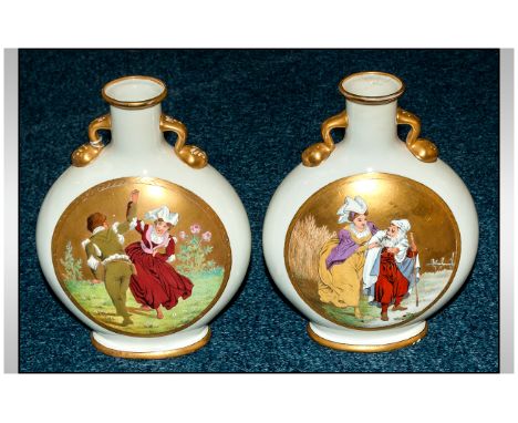 Pair Of Minton Pilgrim Bottles/Flasks Of Moon Flask Form, the neck Flanked By Two Gilt Lug Handles Model Number 1348, Date Cy