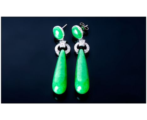 Art Deco Style Jadeite Stone Drop Earrings, Rich Green Colour, White Gold Mounted Polished Oval Stone Above A White Gold Diam