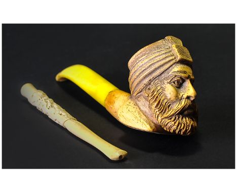 Carved Meerschaum Pipe, Bowl In The Form Of A Bearded Arab Together With A Bone Cheroot Holder
