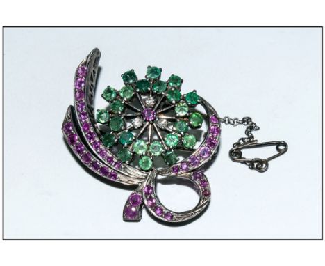 Antique Fine White Metal Set Ruby, Emerald and Diamond Brooch, with safety chain; wheel and bow design; 1.5 inches high