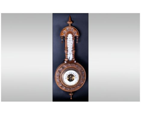 Lufft Walnut Vintage Ornate Carved Wall Barometer with brass movement. 23 inches high.
