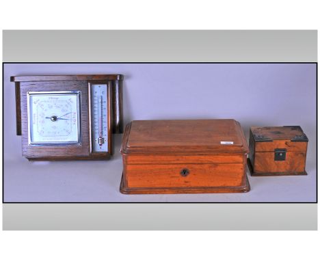 Two Walnut Desk Boxes and An Oak Desk Barometer. One fitted jewellery box. One fitted card case.