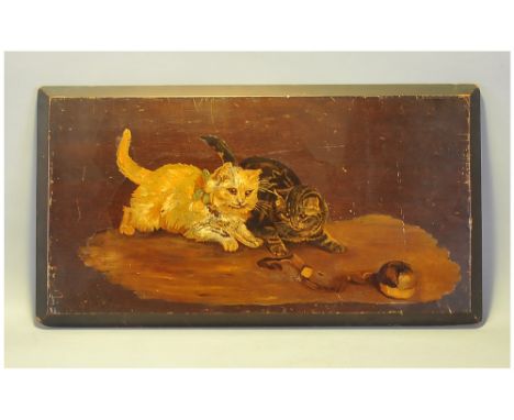 Circle Of Bessie Bamber (flc 1900-1910) Two Tabby Cats Playing With A Rope & Ball oil on mahogany panel. Unsigned. 8.5x17''