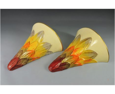 Grays - Pottery Art Deco Pair of 1930's Fan Shaped Wall Pockets, With Multi- Coloured Leaf Decoration. Num.A.4922. Each 8.5 I