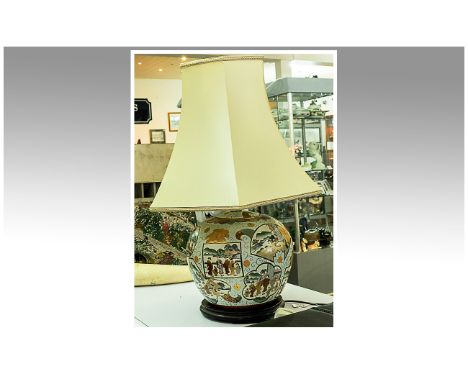 Oriental Style Ceramic Table Lamp, Base decorated with figures in garden settings. With cream shade. 27'' in height.