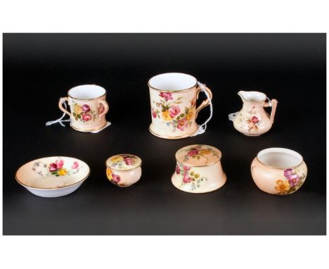 Royal Worcester Collection Of 7 miniature and small hand painted Blush Ivory Cabinet Plates. Dates 1900-1910.  All are in exc