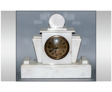 Art Deco White Marble Mantle Clock with the classical art deco liners & snake pendulum 12.25'' in height, 13.5'' in width..