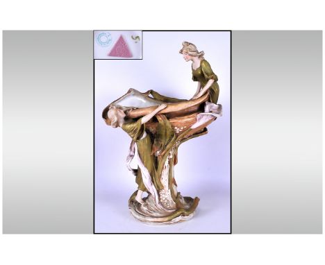 Royal Dux Art Nouveau Impressive And Large Figural Centre Piece, features two young women and large pedestal shell. Circa 190