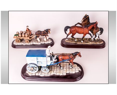 Three Various Leonardo Collection Scenic Figures comprising a dray with barrels and bottles on board, pulled by a shire horse